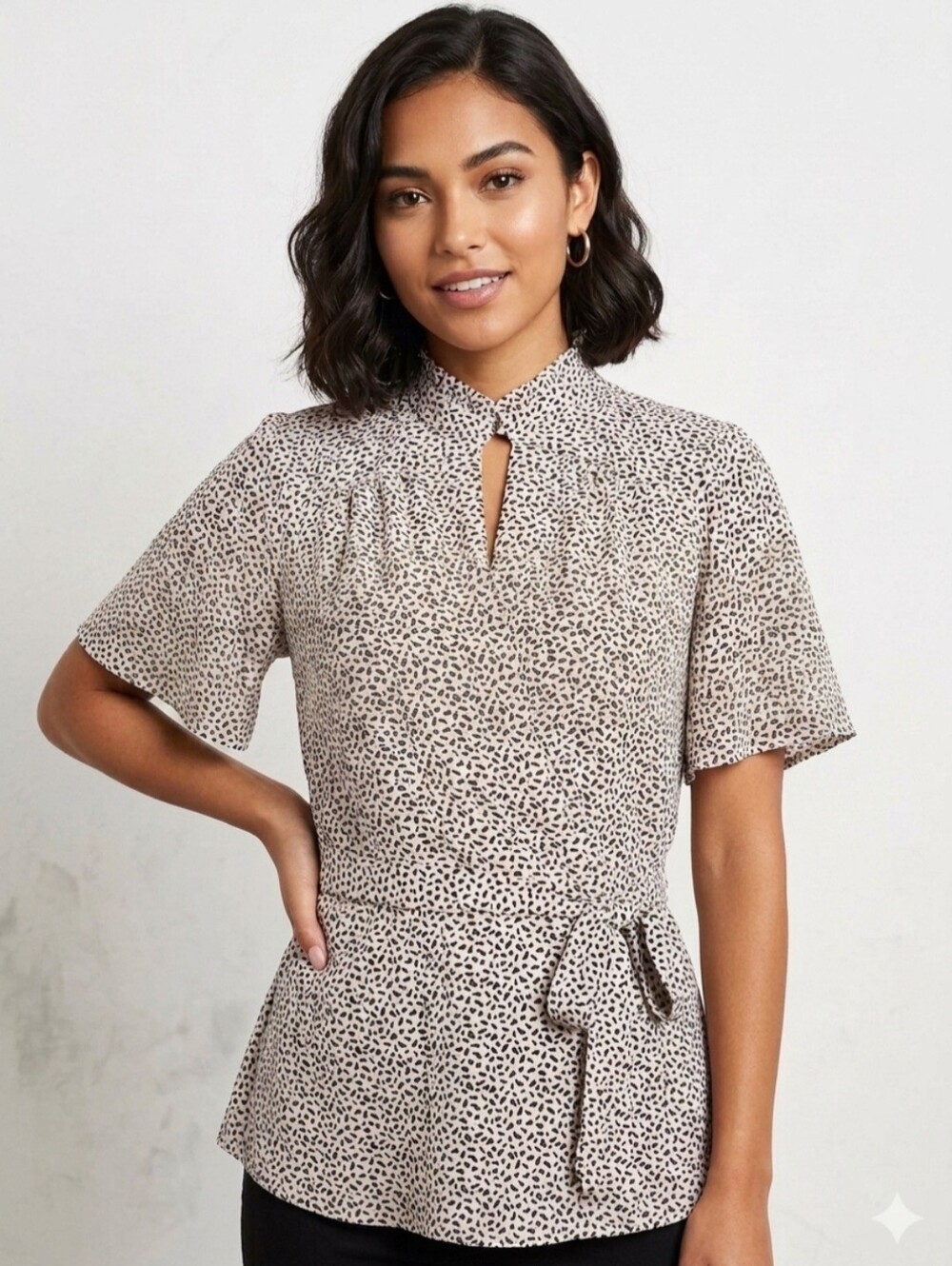 Monteau Faux Wrap Flowy Tie-Waist Blouse